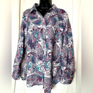 Talbots Womens Multicolor Paisley Button Down L/S Cotton Blouse Size L